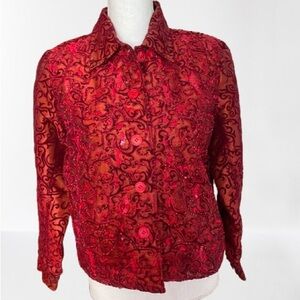 NWT Red sequined, beaded jacket, Velvet swirl overlay size PM
